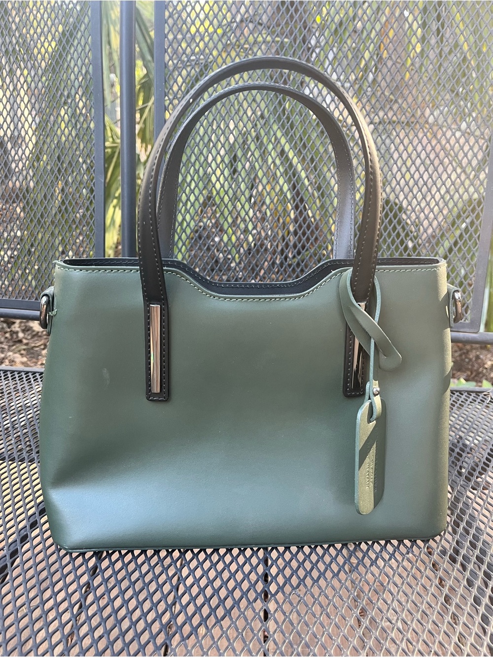 Green Structured Tote Handbag with Black Handles